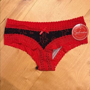 Splendies Red Lace Trim Hipster with Black Love Print